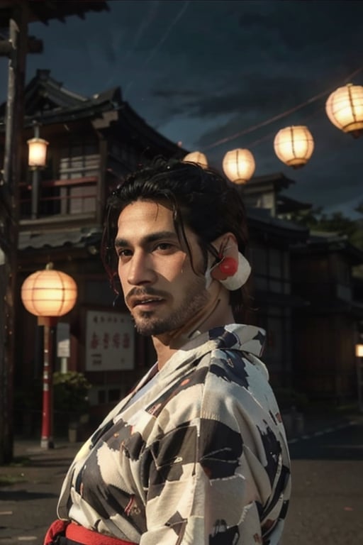Highly detailed, High Quality, Masterpiece, beautiful, sole_male, 1boy, solo, male_focus, manly, Jetstream Sam, Half body portrait, facial hair, beard, vertical scar on face, european face, brazilian face, beautiful photography, stage photography, interesting pose, unusual head tilt, traditional japanese background, male yukata, red_yukata, haori, gaze away, videogame screenshot, volumetric light, gorgeous light, colorful paper kites and japanese paper lanterns around
