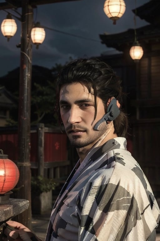 Highly detailed, High Quality, Masterpiece, beautiful, sole_male, 1boy, solo, male_focus, manly, Jetstream Sam, Half body portrait, facial hair, beard, vertical scar on face, european face, brazilian face, high ponytail, beautiful photography, professional photography, interesting pose, unusual head tilt, traditional japanese background, male yukata, red_yukata, haori, gaze away, videogame screenshot, volumetric light, gorgeous light, colorful paper kites and japanese paper lanterns around