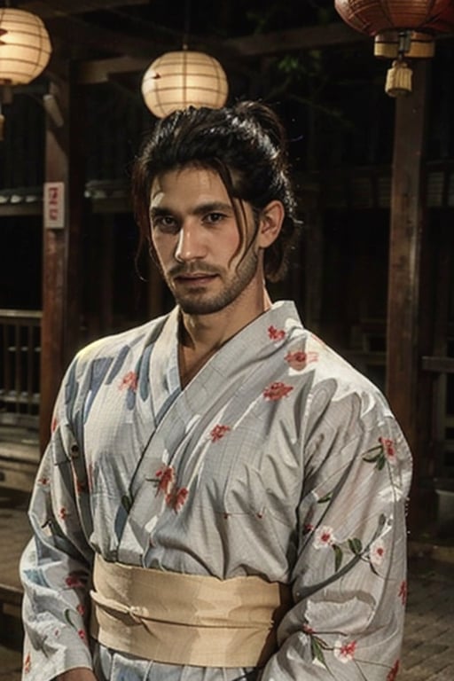 Highly detailed, High Quality, Masterpiece, beautiful, sole_male, 1boy, solo, male_focus, manly, Jetstream Sam, Half body portrait, facial hair, beard, vertical scar on face, european face, brazilian face, high ponytail, beautiful photography, professional photography, interesting pose, unusual head tilt, traditional japanese background, male yukata, red_yukata, haori, gaze away, movie screenshot, volumetric light, gorgeous light, colorful paper kites and japanese paper lanterns around
