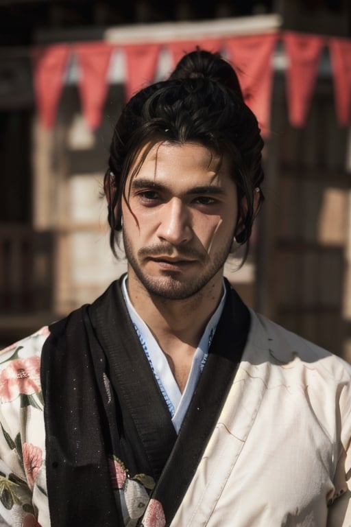 Highly detailed, High Quality, Masterpiece, beautiful, sole_male, 1boy, solo, male_focus, manly, Jetstream Sam, Half body portrait, facial hair, beard, vertical scar on face, european face, brazilian face, beautiful photography, stage photography, interesting pose, unusual head tilt, traditional japanese background, yukata, furisode, red_yukata, haori