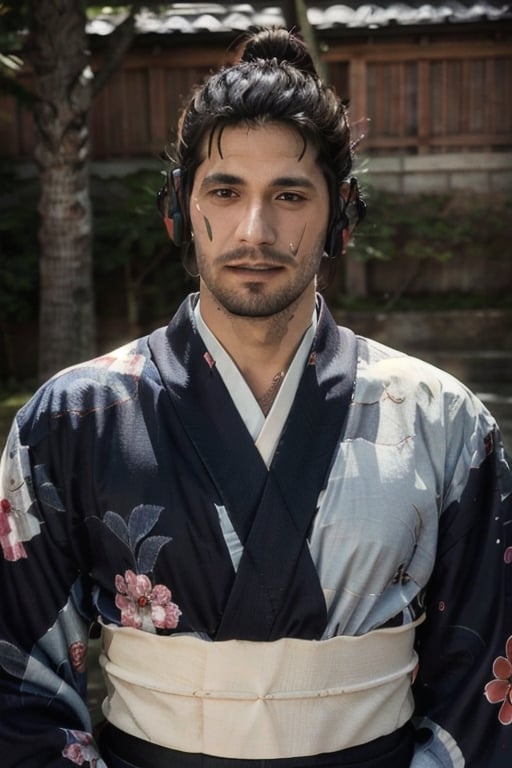 Highly detailed, High Quality, Masterpiece, beautiful, sole_male, 1boy, solo, male_focus, manly, Jetstream Sam, Half body portrait, facial hair, beard, vertical scar on face, european face, brazilian face, beautiful photography, stage photography, interesting pose, unusual head tilt, traditional japanese background, yukata, furisode, red_yukata, haori, gaze somewhere