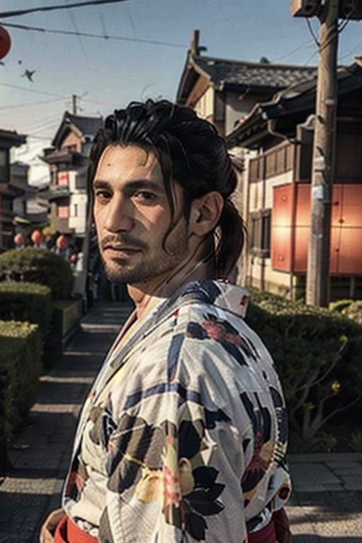 Highly detailed, High Quality, Masterpiece, beautiful, sole_male, 1boy, solo, male_focus, manly, Jetstream Sam, Half body portrait, facial hair, beard, vertical scar on face, european face, brazilian face, high ponytail, beautiful photography, professional photography, interesting pose, unusual head tilt, traditional japanese background, male yukata, red_yukata, haori, gaze away, movie screenshot, volumetric light, gorgeous light, colorful paper kites and japanese paper lanterns around