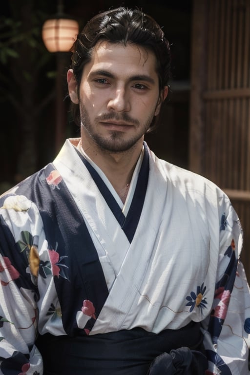 Highly detailed, High Quality, Masterpiece, beautiful, sole_male, 1boy, solo, Jetstream Sam, Half body portrait, facial hair, beard, vertical scar on face, european face, brazilian face, beautiful photography, stage photography, interesting pose, unusual head tilt, traditional japanese background, yukata, furisode, red_yukata, haori