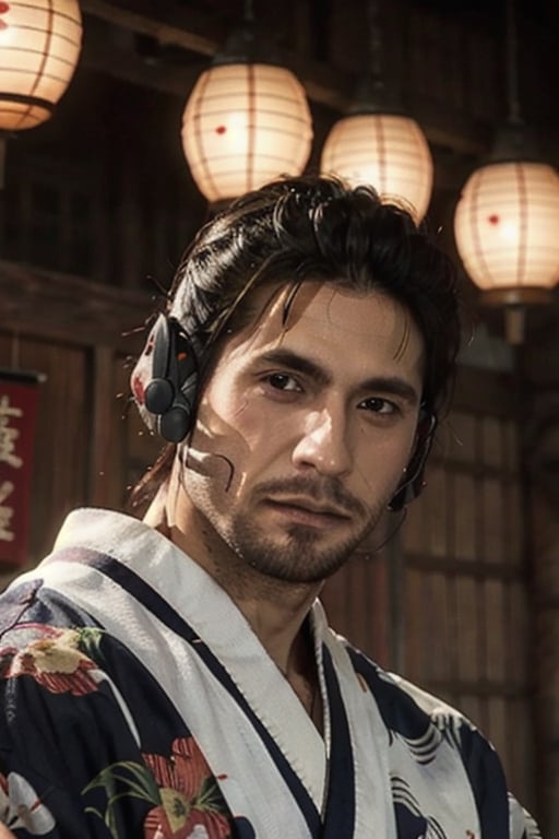 Highly detailed, High Quality, Masterpiece, beautiful, sole_male, 1boy, solo, male_focus, manly, Jetstream Sam, Half body portrait, facial hair, beard, vertical scar on face, european face, brazilian face, beautiful photography, stage photography, interesting pose, unusual head tilt, traditional japanese background, male yukata, red_yukata, haori, gaze somewhere