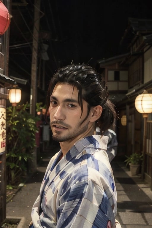 Highly detailed, High Quality, Masterpiece, beautiful, sole_male, 1boy, solo, male_focus, manly, Jetstream Sam, Half body portrait, facial hair, beard, vertical scar on face, european face, brazilian face, high ponytail, beautiful photography, professional photography, interesting pose, unusual head tilt, traditional japanese background, male yukata, red_yukata, haori, gaze away, movie screenshot, volumetric light, gorgeous light, colorful paper kites and japanese paper lanterns around