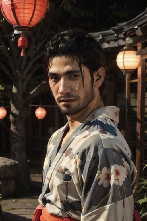 Highly detailed, High Quality, Masterpiece, beautiful, sole_male, 1boy, solo, male_focus, manly, Jetstream Sam, Half body portrait, facial hair, beard, vertical scar on face, european face, brazilian face, beautiful photography, stage photography, interesting pose, unusual head tilt, traditional japanese background, male yukata, red_yukata, haori, gaze somewhere, videogame screenshot, volumetric light, gorgeous light, colorful paper kites and japanese paper lanterns around