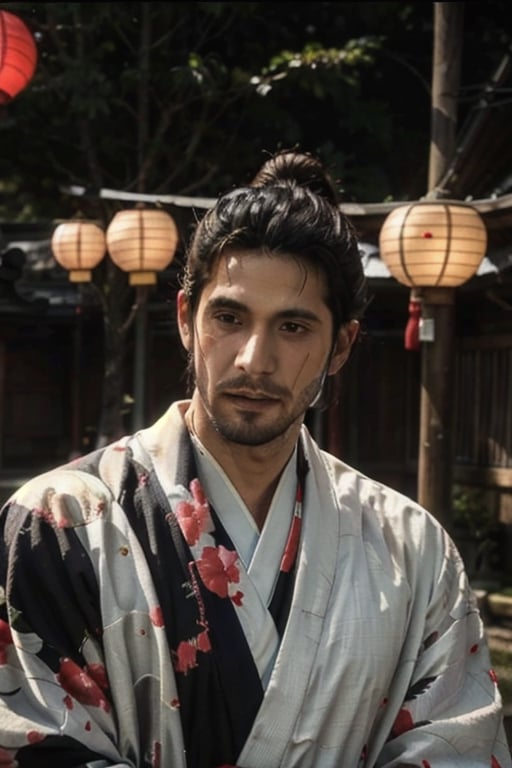 Highly detailed, High Quality, Masterpiece, beautiful, sole_male, 1boy, solo, male_focus, manly, Jetstream Sam, Half body portrait, facial hair, beard, vertical scar on face, european face, brazilian face, high ponytail, beautiful photography, professional photography, interesting pose, unusual head tilt, traditional japanese background, male yukata, red_yukata, haori, gaze away, movie screenshot, volumetric light, gorgeous light, colorful paper kites and japanese paper lanterns around