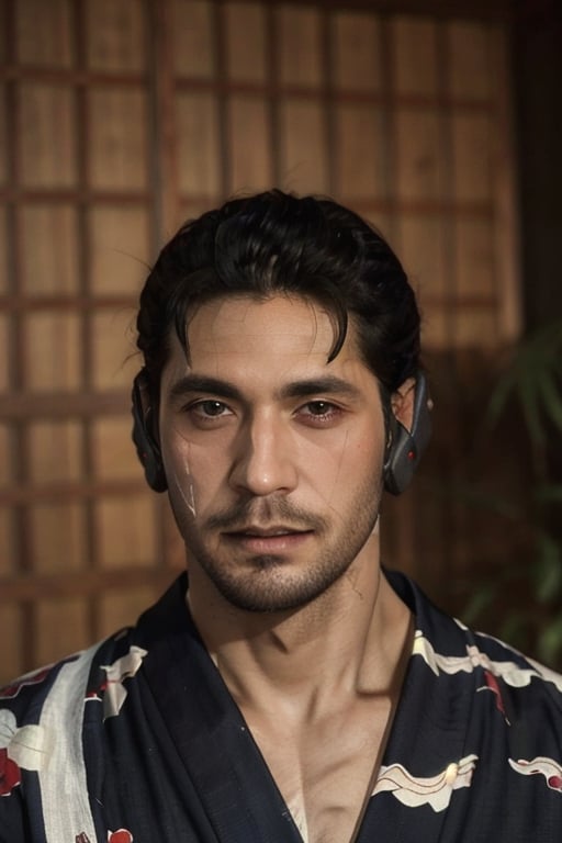 Highly detailed, High Quality, Masterpiece, beautiful, sole_male, 1boy, solo, male_focus, manly, Jetstream Sam, Half body portrait, facial hair, beard, vertical scar on face, european face, brazilian face, beautiful photography, stage photography, interesting pose, unusual head tilt, traditional japanese background, male yukata, red_yukata, haori, gaze somewhere