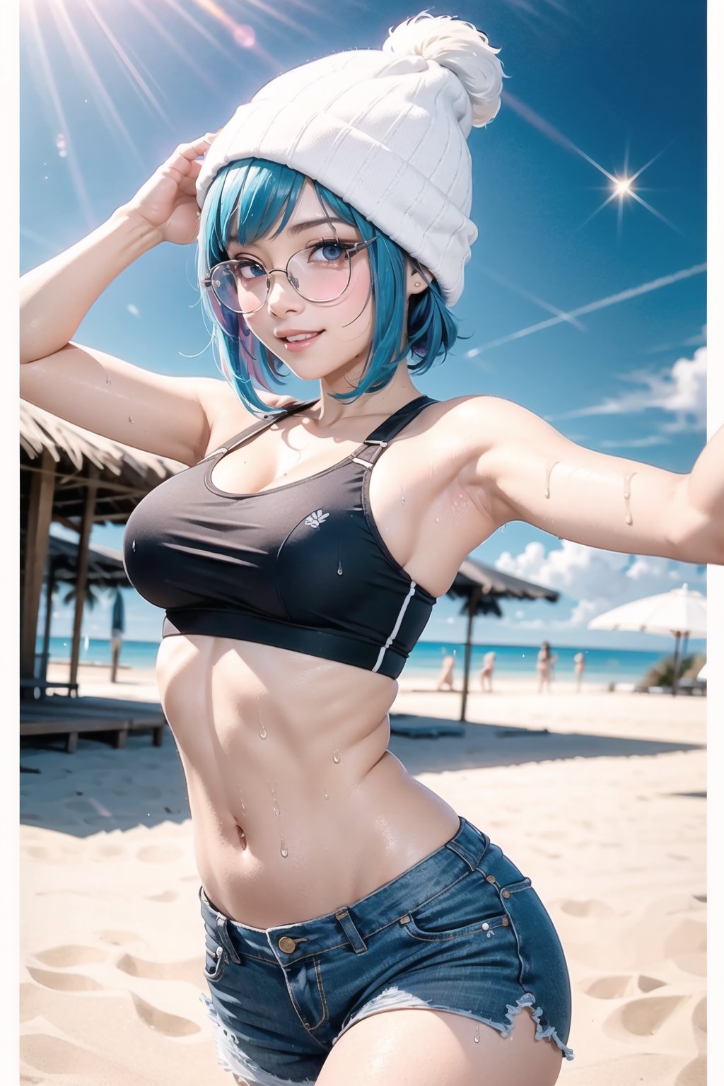 one eye wink, v over eye, dancing, sparkles, surprise effect, hope_fortnite, beanie, blue hair, glasses, anime joy pose, jean short, sport bra, beach party, colorful, joy jumping of joy, smiling, posing, posing at an angle, dynamic sexy pose, medium breasts, medium perfect round breasts, toned body, cute face, very sexy, very cute, adorable, shiny skin, wet skin, volumetric lighting, aesthetic design, dramatic angle, dramatic framing, cinematic framing,