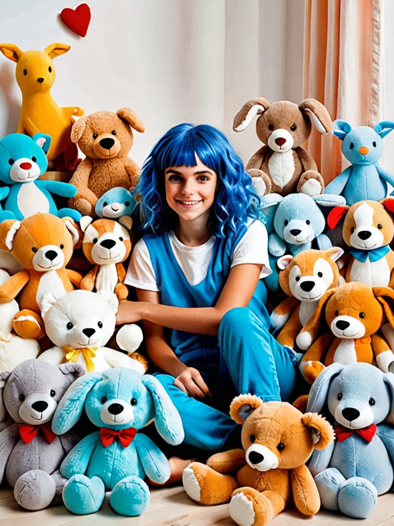A whimsical scene unfolds in a cozy bedroom, where one girl sits amidst a sea of plush animals. Her bright blue hair and fluffy attire - from shirt to pants to sleeves - exude a playful aura. Floppy ears frame her adorable face, as brown eyes sparkle with excitement. A multitude of cuddly companions, including animal plushies, surround her, filling the space with an explosion of fluff.