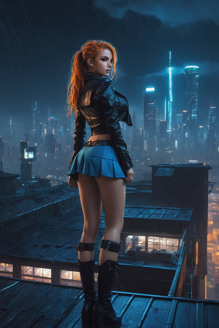 1girl, solo, colorful, vivid colors, perfect female form, cute face, large breasts, long hair, fit body, abs, thigh gap, long legs, looking at viewer, school uniform, microskirt, plaid skirt, fishnets, A woman is standing in a roof, overlooking a cyberpunk city and steampunk in the dark and rain, against the backdrop of the cyberpunk city skyline and the night sky, cyberpunk steampunk, perfect quality, high quality, photorealistic, dynamic pose BREAK orange and blue hue, (abstract:0.2), at night, water particles,   knva,    concept art,    expressiveh   