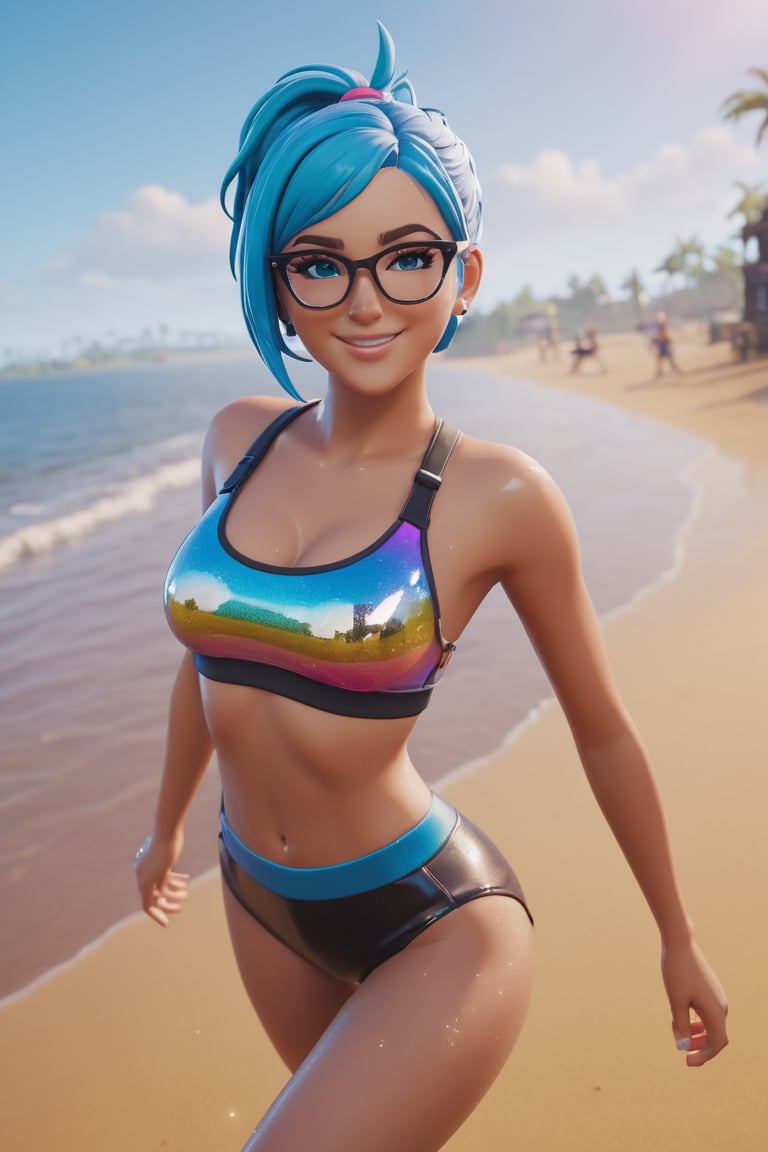 one eye wink, v over eye, dancing, sparkles, surprise effect, hope_fortnite, beanie, blue hair, glasses, anime joy pose, jean short, sport bra, beach party, colorful, joy jumping of joy, smiling, posing, posing at an angle, dynamic sexy pose, medium breasts, medium perfect round breasts, toned body, cute face, very sexy, very cute, adorable, shiny skin, wet skin, volumetric lighting, aesthetic design, dramatic angle, dramatic framing, cinematic framing,