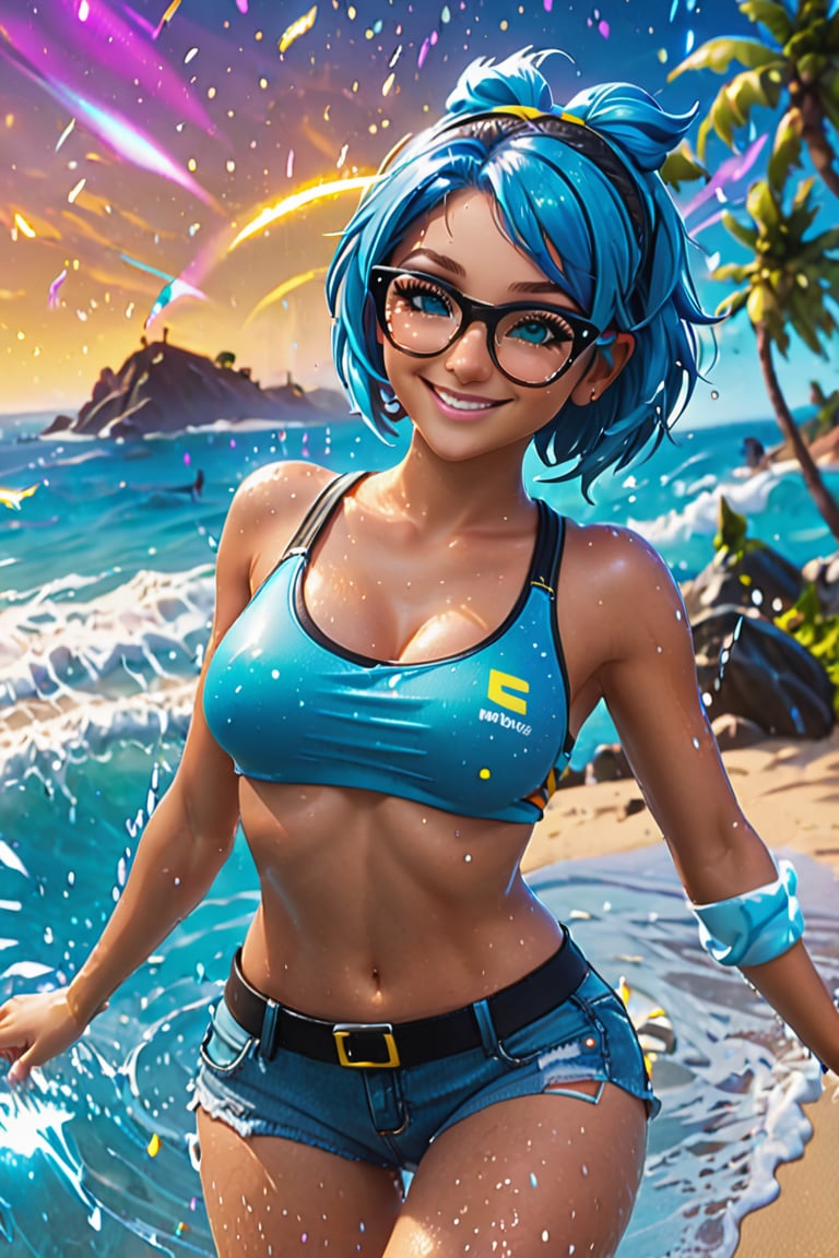 one eye wink, v over eye, dancing, sparkles, surprise effect, hope_fortnite, beanie, blue hair, glasses, anime joy pose, jean short, sport bra, beach party, colorful, joy jumping of joy, smiling, posing, posing at an angle, dynamic sexy pose, medium breasts, medium perfect round breasts, toned body, cute face, very sexy, very cute, adorable, shiny skin, wet skin, volumetric lighting, aesthetic design, dramatic angle, dramatic framing, cinematic framing,