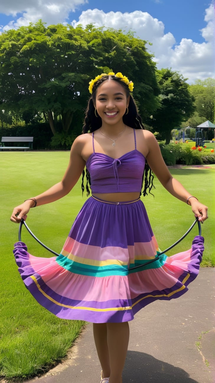 A park with green lawn, trees, flowerbeds, benches, a playground and a pond. BREAK In the center of the image, a 21-year-old girl stands around in a purple dress with long black braided hair. She twirls a hula hoop around her waist and smiles toward the camera. Her eyes are big and bright and her cheeks are flushed. She holds in her hand another hula-hula with blue and green stripes. Near her feet, on the ground, is a hula hoop with pink and yellow stripes. REST Above the image, a blue sky with white clouds. The sun shines brightly, giving warmth and luminosity to the image. BREAK The image expresses the girl's fun and happiness, and makes the viewer feel the nature and vitality of the park. The image is colorful and vivid, and gives energy and smile to the viewer. BREAK delicate facial features, extremely detailed fine touch.,