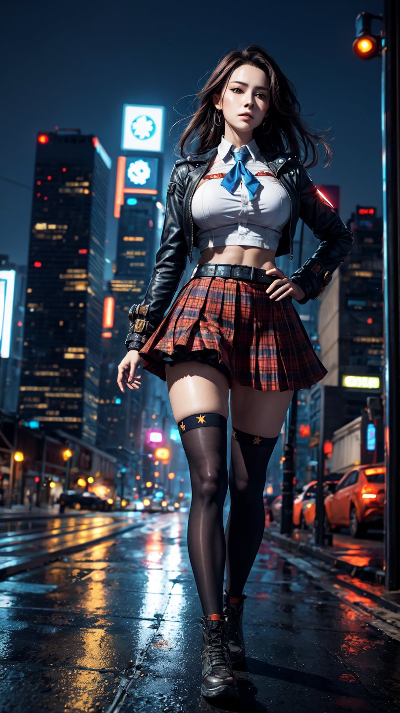 1girl, solo, colorful, vivid colors, perfect female form, cute face, large breasts, long hair, fit body, abs, thigh gap, long legs, looking at viewer, school uniform, microskirt, plaid skirt, fishnets, A woman is standing in a roof, overlooking a cyberpunk city and steampunk in the dark and rain, against the backdrop of the cyberpunk city skyline and the night sky, cyberpunk steampunk, perfect quality, high quality, photorealistic, dynamic pose BREAK orange and blue hue, (abstract:0.2), at night, water particles,   knva,    concept art,    expressiveh   