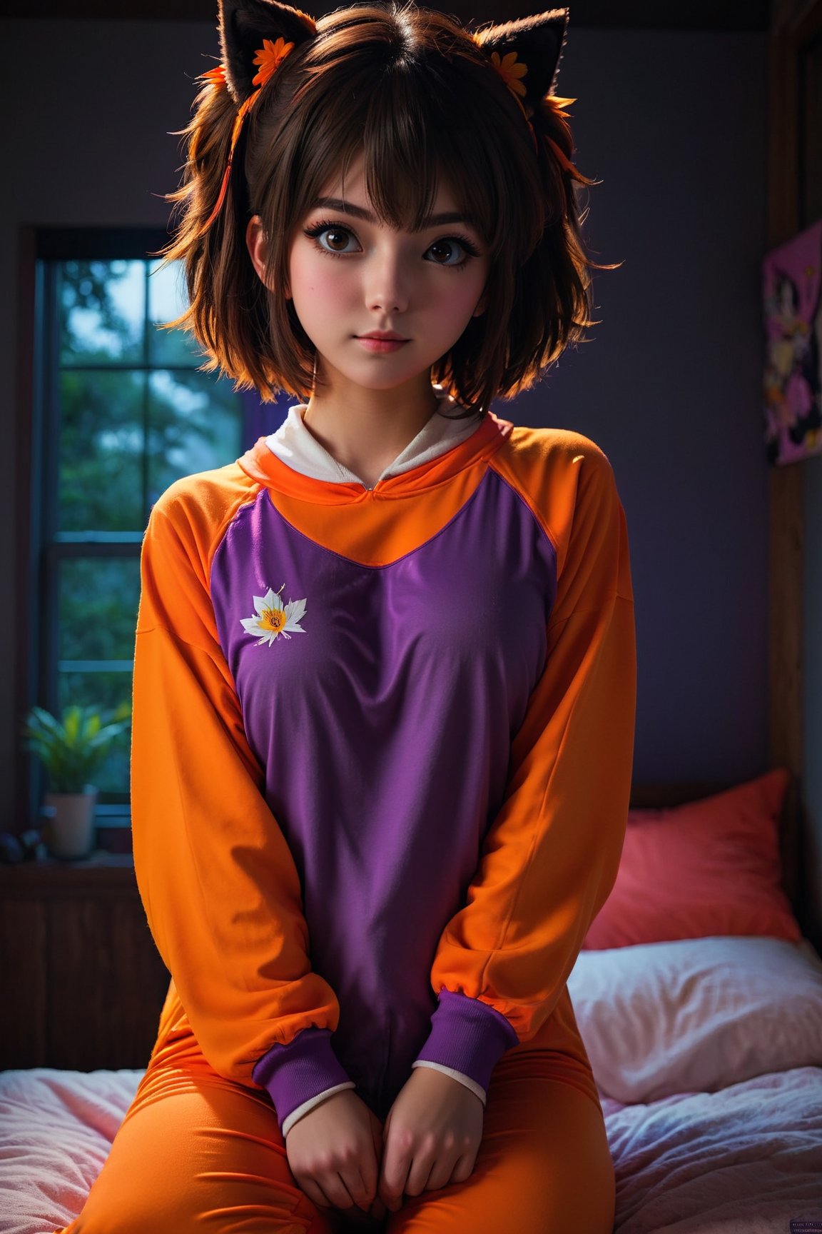raw photo, upper body photo, a cute anime fan, (canadian, mexican:0.9), [two-toned purple, brunette hair color| messy hair cut], 21yo, sweet, (portly body, innocent:0.7), realistic skin texture, (wearing an orange anime onesie:1.1), softcore, (dimly lit, night, dark, moody atmosphere:0.9), (happy:0.5), instagram style, (girly bedroom, anime posters:1.1), highly detailed photography, (muted colors, cinematic, dim colors, soothing tones:1.2), vibrant, insanely detailed, hyperdetailed, (dark shot:1.2), (vsco:0.3), 75mm