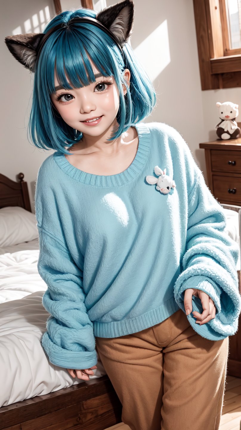 A whimsical scene unfolds in a cozy bedroom, where one girl sits amidst a sea of plush animals. Her bright blue hair and fluffy attire - from shirt to pants to sleeves - exude a playful aura. Floppy ears frame her adorable face, as brown eyes sparkle with excitement. A multitude of cuddly companions, including animal plushies, surround her, filling the space with an explosion of fluff.