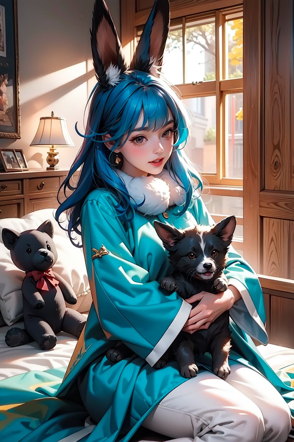 A whimsical scene unfolds in a cozy bedroom, where one girl sits amidst a sea of plush animals. Her bright blue hair and fluffy attire - from shirt to pants to sleeves - exude a playful aura. Floppy ears frame her adorable face, as brown eyes sparkle with excitement. A multitude of cuddly companions, including animal plushies, surround her, filling the space with an explosion of fluff.