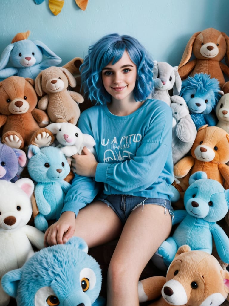 A whimsical scene unfolds in a cozy bedroom, where one girl sits amidst a sea of plush animals. Her bright blue hair and fluffy attire - from shirt to pants to sleeves - exude a playful aura. Floppy ears frame her adorable face, as brown eyes sparkle with excitement. A multitude of cuddly companions, including animal plushies, surround her, filling the space with an explosion of fluff.