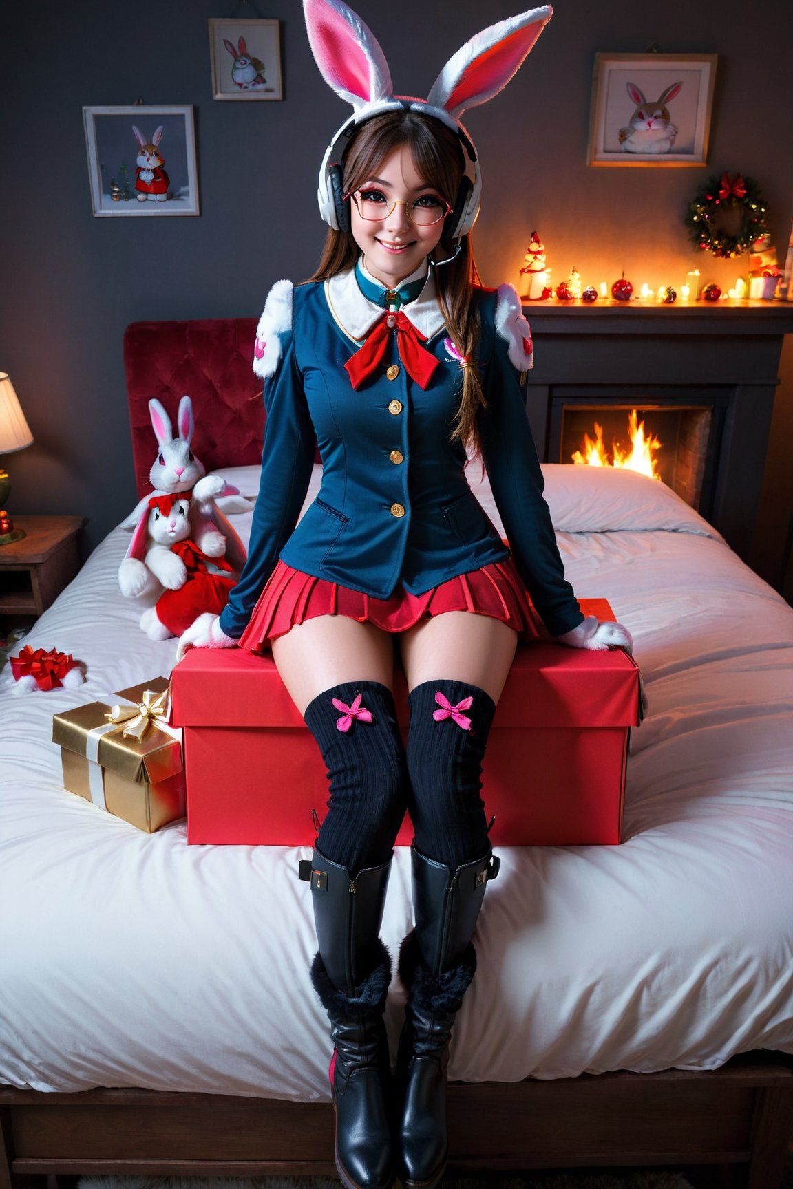 1 rabbit girl, ruby red eyes, rabbit ears, rabbit tail, smile, surprised, parted lips, red santa, (holding present box:1.1), on bedside, dark bedroom, fireplace, night, sharp focus, looking at viewer, cowboy shot, from below, (from on bed:1.1), (intricate:1.1), dark theme, black tone, (red tone:1.1), illustration, , more_details:-1, more_details:0, more_details:0.5, more_details:1, more_details:1.5, d.va, long hair, bodysuit, headphones, pilot suit, ribbed bodysuit, shoulder pads, turtleneck, thigh boots, thighhighs, bunny print, clothes writing, headphones, alternate hairstyle, twin braids, blazer, bespectacled, glasses, school uniform, pleated skirt,