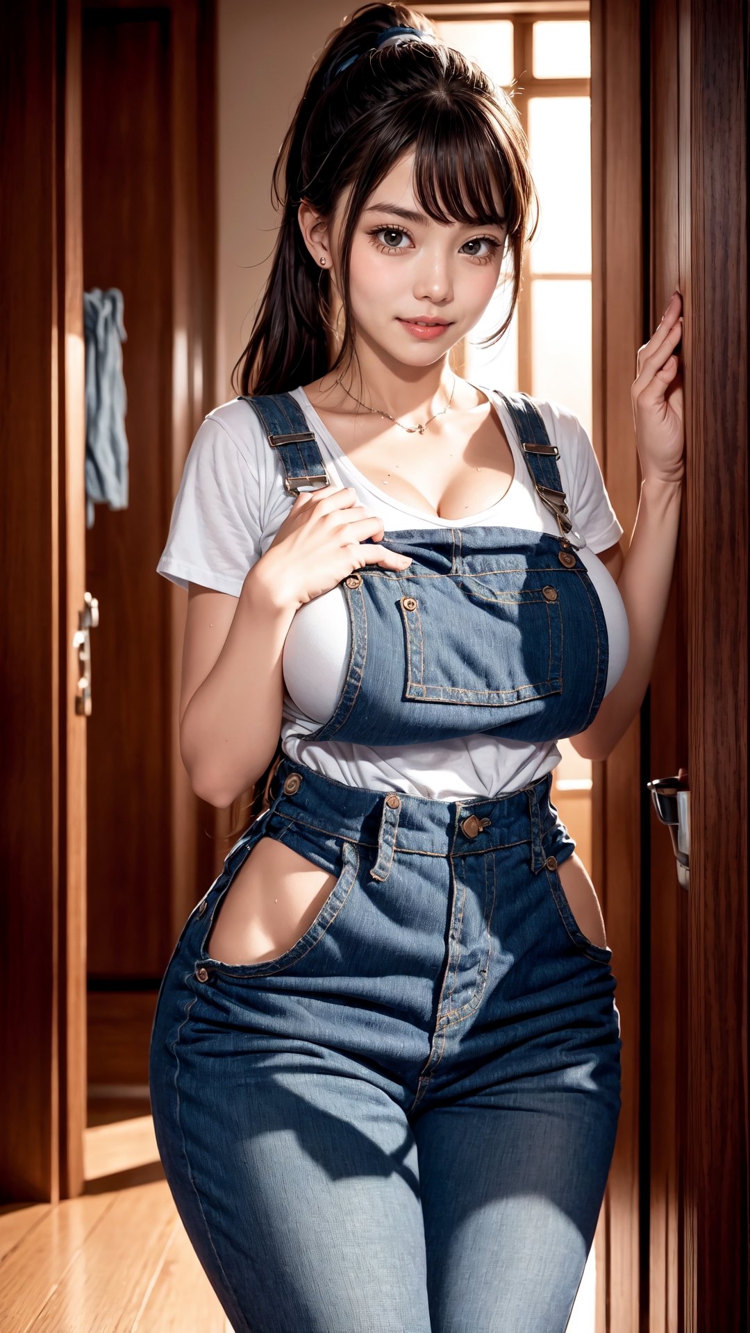 1girl, janitor, overalls, cap, in hallway, indoors, grey background, (mop), (mop bucket, mop maid), (holding mop), big breasts, boobs, sideboobs, wide hips, thick thighs, sweat, sweating, pant, long hair, ponytail, shy, insecure, blush, looking at viewer, UHD, ultra-detailed, intricate details, extreme details, best quality, best lighting, best shading, 1080p, 8k, lewd, best hands, perfect anatomy, perfect hands, (lewd art),
