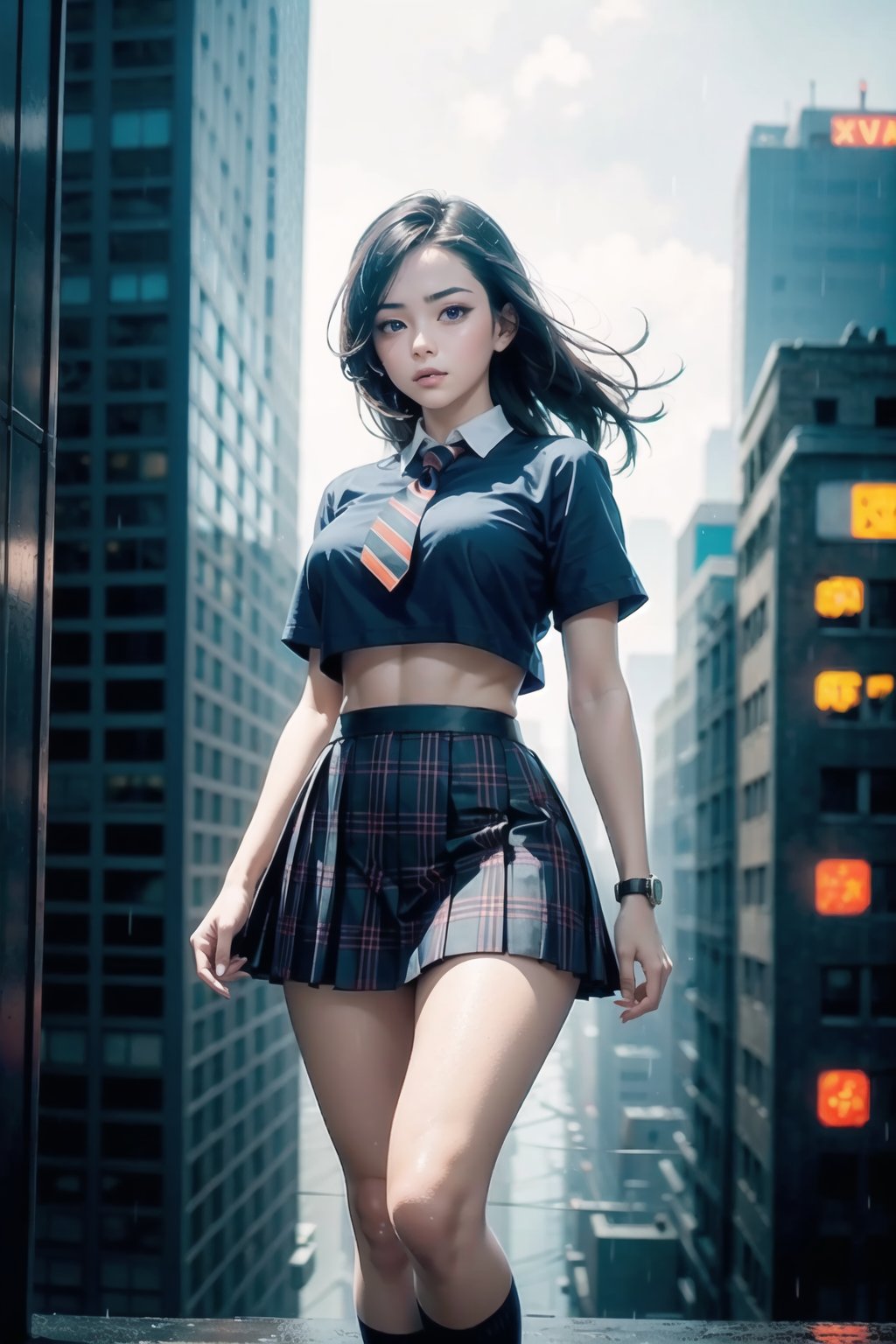 1girl, solo, colorful, vivid colors, perfect female form, cute face, large breasts, long hair, fit body, abs, thigh gap, long legs, looking at viewer, school uniform, microskirt, plaid skirt, fishnets, A woman is standing in a roof, overlooking a cyberpunk city and steampunk in the dark and rain, against the backdrop of the cyberpunk city skyline and the night sky, cyberpunk steampunk, perfect quality, high quality, photorealistic, dynamic pose BREAK orange and blue hue, (abstract:0.2), at night, water particles,   knva,    concept art,    expressiveh   