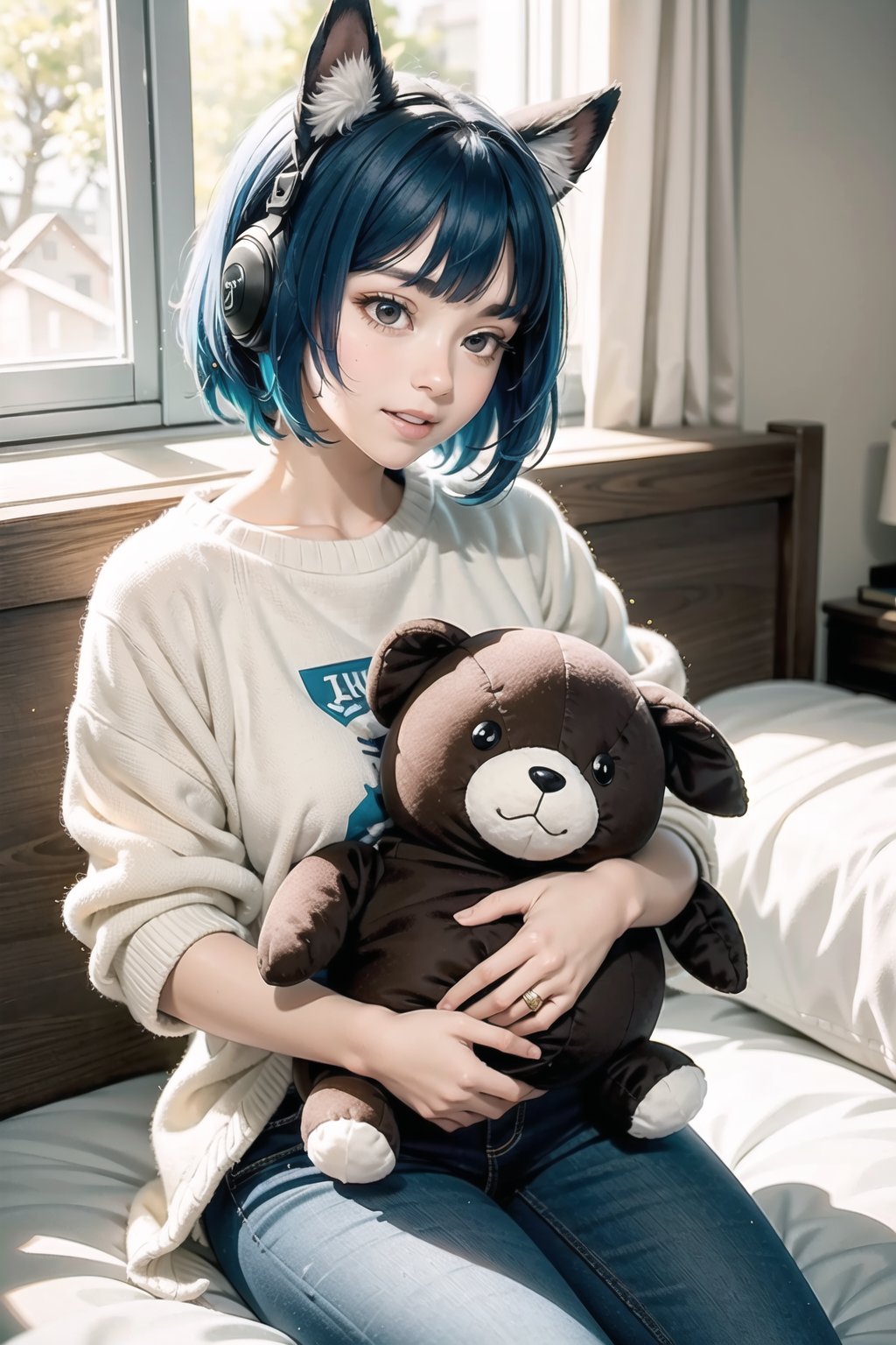 A whimsical scene unfolds in a cozy bedroom, where one girl sits amidst a sea of plush animals. Her bright blue hair and fluffy attire - from shirt to pants to sleeves - exude a playful aura. Floppy ears frame her adorable face, as brown eyes sparkle with excitement. A multitude of cuddly companions, including animal plushies, surround her, filling the space with an explosion of fluff.