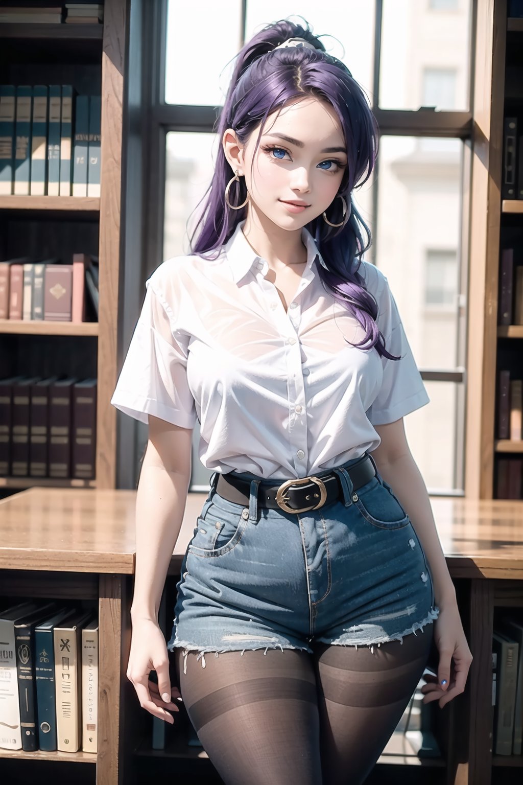 A close-up shot of a stunning young woman with vibrant purple hair styled in a ponytail and frilled hair band, her piercing blue eyes half-opened as she gazes directly at the viewer. She stands confidently inside a cozy library setting, wearing a crisp white button-down shirt with short sleeves, paired with high-waisted blue shorts and a black belt. Her curves are accentuated by brown pantyhose, showcasing her impressive figure. A warm smile plays on her lips as she poses, radiating confidence and charm.