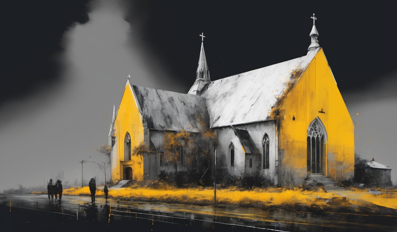  a simple church in the city at the back of the young people| a group of young people(white,black,yellow,brown),(looking at the viewer),(sad),|black Dark background| anime style| key visual| intricate detail| highly detailed| breathtaking| vibrant| panoramic| cinematic| Carne Griffiths| Conrad Roset| ghibli,digital artwork by Beksinski,art_booster,DonMM1y4XL,DOUBLE EXPOSURE