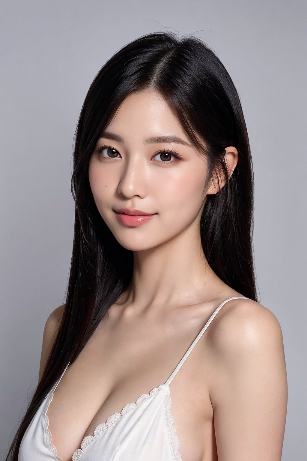 Masterpiece, highest quality, realistic, very fine and fine details, high_resolution, 8k wallpapers, studio lighting, front view, bright white background, 1 beautiful woman, 22 yo, korean, beautiful gorgeous face, [:(detailed face:1.2):0.2], bright big eyes, pureerosface_v1, (glossy lips), shame smile, long black hair, straight hair, sharp focus, medium_breasts, brown eyes, beautiful, detailed and realistic skin texture, height 170, (perfect feminine body), shame, smile, fantastic, angelic, Extremely Realistic, Extremely Realistic, chinatsumura,eungirl, standing, wide_shot,