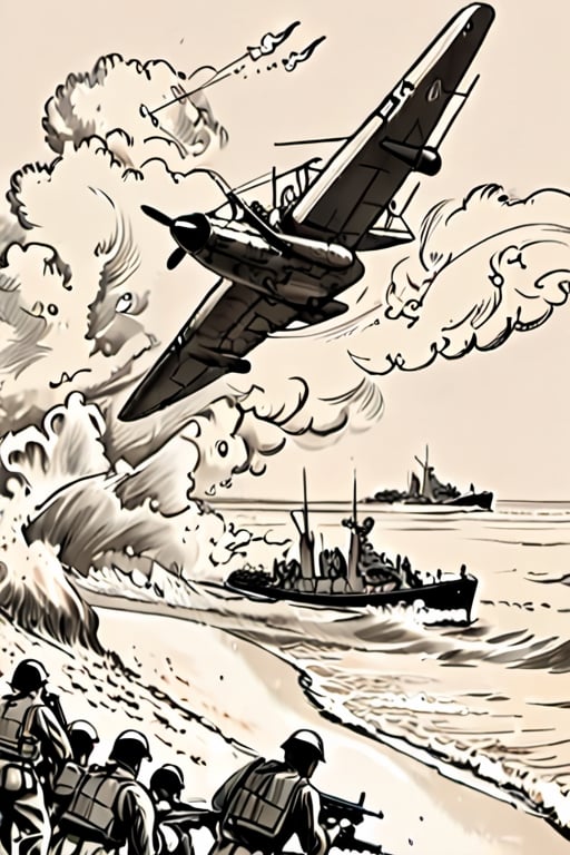 A sketch-style line drawing depicting a scene from the Normandy landing, incorporating an ancient-style bookplate. The artwork showcases landing craft and Allied soldiers charging towards the beach, courageously advancing with their weapons aimed at the enemy. Waves crash against the sandy shore, while the smoke of war fills the air. Bombers and fighters soar through the sky, dropping bombs and rockets. The ancient-style bookplate adds a touch of mystery and historical charm to the scene. The sketchy lines delineate details and contours, evoking an abstract and imaginative feeling. This high-quality image captures the historical significance and intensity of the Normandy landing, making it perfect for projects or designs related to World War II, military history, or vintage aesthetics.