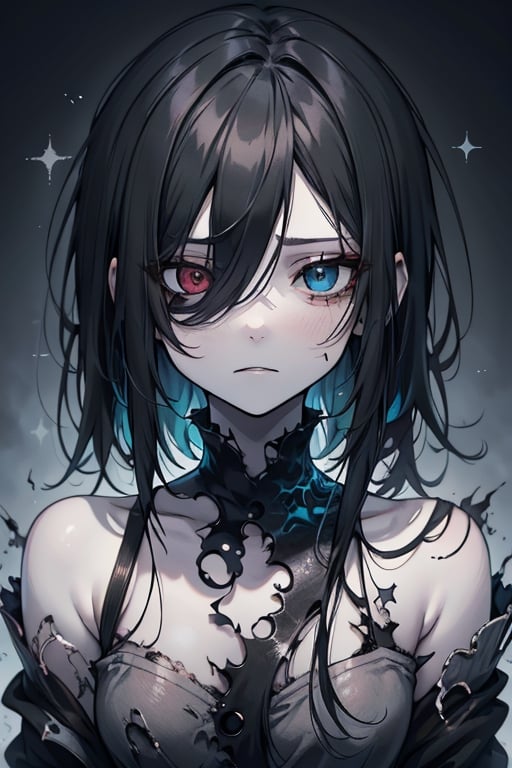 a young woman with long, straight black hair, messy and worn hair, very pale skin, one eye black and the other white, an enigmatic, melancholic, anxious, introspective expression, her clothing is minimalist, lonely, broken, enigmatic expression, perfect face, masterpiece, monster, very good quality, heterochromia



,Touka,olantilene