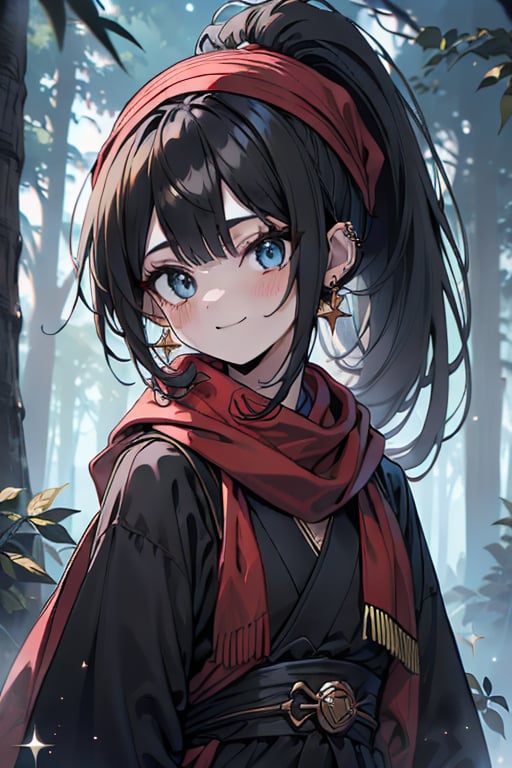 black hair, blue eyes, yellow Kimono
 outfit with black edges, a red scarf with gold stripes, the edges have small golden touches, friendly face, a black spandex that covers her entire body, headscarf, killer, happy smile , bangs, in the forest at night, masterpiece, star earrings, detailed, high quality, absurd, the strongest human of all, bringer of the world's hope, hair in ponytail,black lycra, masterpiece, excellent quality, excellent quality, perfect face.

