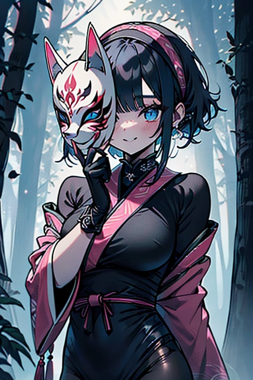 dark blue hair, blue eyes, pink kimono outfit with black edges, friendly face, a black spandex that covers his entire body, headscarf, killer, happy smile, bangs, in the forest at night, masterpiece, detailed, high quality, absurd, the strongest human of all, bringer of the world's hope, short hair, black lycra, black pantyhouse, masterpiece, excellent quality, excellent quality, perfect face, medium breasts,mask on hand, (fox mask, mask on the hand, put on mask)
