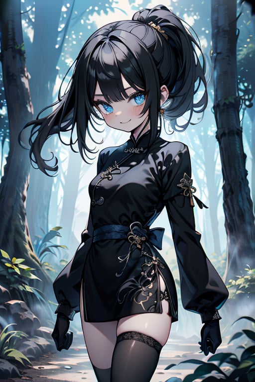 black hair, blue eyes, yellow qipao with black edges, friendly face, black pantyhouse, killer, happy smile, punches, in the forest at night, masterpiece, detailed, high quality, absurd, the strongest human of all, bearer of the hope of the world, hair in a ponytail, long sleeves, masterpiece, excellent quality, excellent quality, perfect face, small breasts, small, black gloves.
