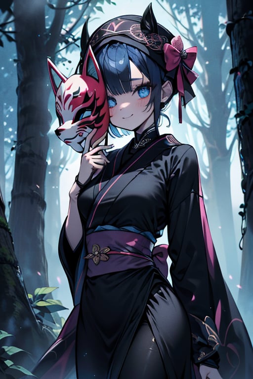 dark blue hair, blue eyes, pink kimono outfit with black edges, friendly face, a black spandex that covers his entire body, headscarf, killer, happy smile, bangs, in the forest at night, masterpiece, detailed, high quality, absurd, the strongest human of all, bringer of the world's hope, short hair, black lycra, black pantyhouse, masterpiece, excellent quality, excellent quality, perfect face, medium breasts,mask on hand, (fox mask, mask on the hand, put on mask),ribbon with bow at the waist, long kimono.

