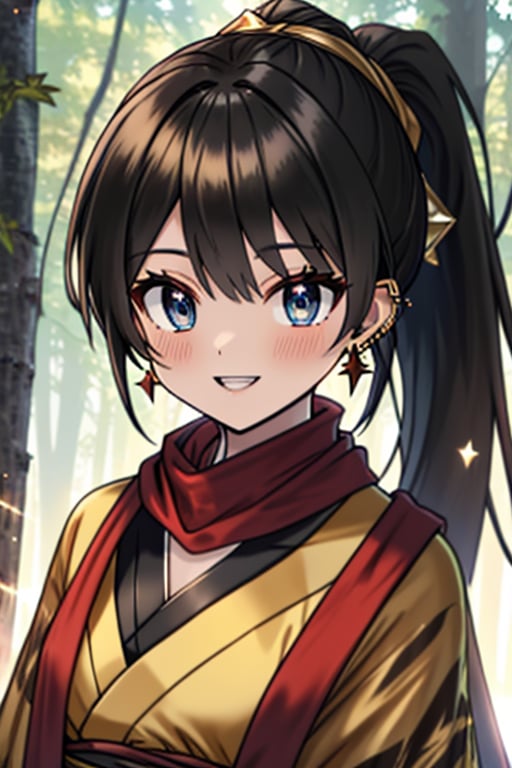 black hair, blue eyes, yellow Kimono
 outfit with black edges, a red scarf with gold stripes, the edges have small golden touches, friendly face, a black spandex that covers her entire body, headscarf, killer, happy smile , bangs, in the forest at night, masterpiece, star earrings, detailed, high quality, absurd, the strongest human of all, bringer of the world's hope, hair in ponytail,black lycra, masterpiece, excellent quality, excellent quality, perfect face.

