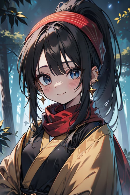 black hair, blue eyes, yellow Kimono
 outfit with black edges, a red scarf with gold stripes, the edges have small golden touches, friendly face, a black spandex that covers her entire body, headscarf, killer, happy smile , bangs, in the forest at night, masterpiece, star earrings, detailed, high quality, absurd, the strongest human of all, bringer of the world's hope, hair in ponytail,black lycra, masterpiece, excellent quality, excellent quality, perfect face.

