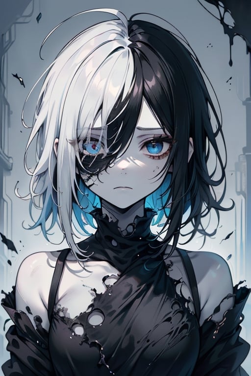 a young woman with long, straight black hair, messy and worn hair, very pale skin, one eye black and the other white, an enigmatic, melancholic, anxious, introspective expression, her clothing is minimalist, lonely, broken, enigmatic expression, perfect face, masterpiece, monster, very good quality.


,Touka,olantilene