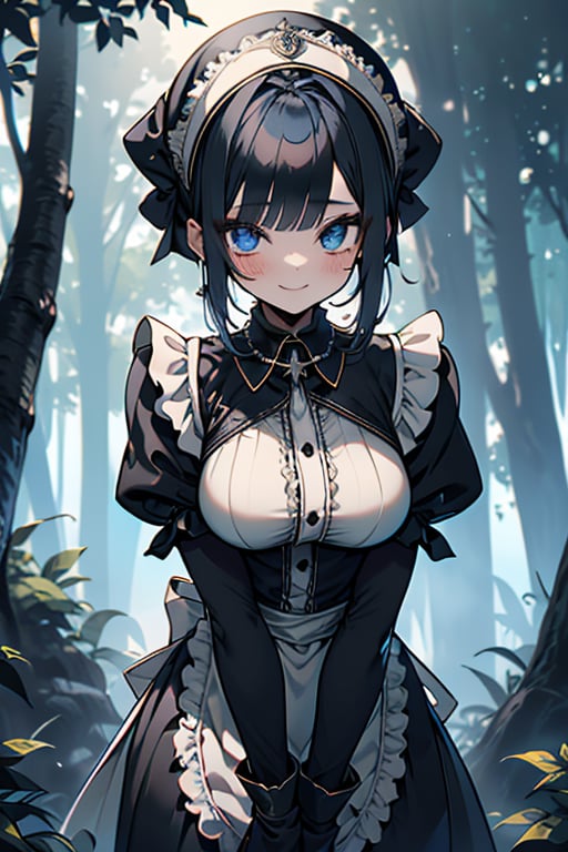 dark blue hair, blue eyes, yellow maid outfit, friendly face, a black spandex that covers her entire body, headscarf, killer, happy smile, bangs, in the forest at night, masterpiece, detailed, high quality, absurd, the strongest human of all, bearer of the world's hope, short hair, black lycra, black pantyhouse, masterpiece, excellent quality, excellent quality, perfect face, medium breasts

