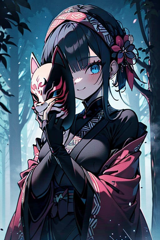 dark blue hair, blue eyes, pink kimono outfit with black edges, friendly face, a black spandex that covers his entire body, headscarf, killer, happy smile, bangs, in the forest at night, masterpiece, detailed, high quality, absurd, the strongest human of all, bringer of the world's hope, short hair, black lycra, black pantyhouse, masterpiece, excellent quality, excellent quality, perfect face, medium breasts,mask on hand, (fox mask, mask on the hand, put on mask)
