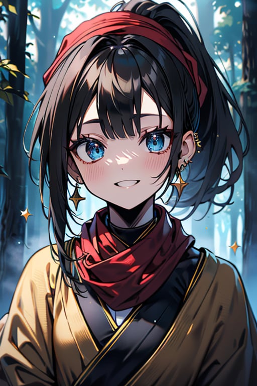 black hair, blue eyes, yellow Kimono
 outfit with black edges, a red scarf with gold stripes, the edges have small golden touches, friendly face, a black spandex that covers her entire body, headscarf, killer, happy smile , bangs, in the forest at night, masterpiece, star earrings, detailed, high quality, absurd, the strongest human of all, bringer of the world's hope, hair in ponytail,black lycra, masterpiece, excellent quality, excellent quality, perfect face.

