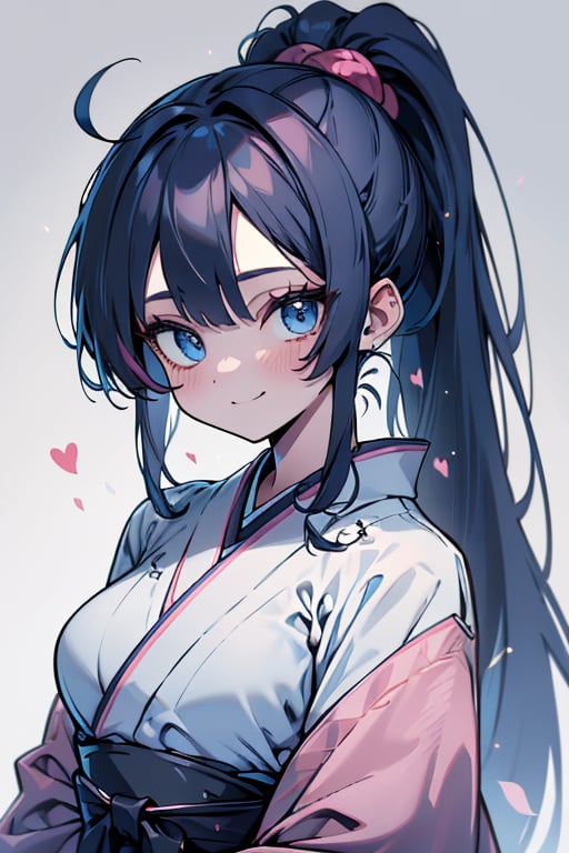 dark blue hair, blue eyes, simple pink kimono, friendly face, headscarf, happy smile, poor man without bangs, masterpiece, detailed, high quality, absurd, the strongest human of all, bringer of the world's hope , long hair with a ponytail, masterpiece, excellent quality, excellent quality, perfect face, medium breasts, poor, peasant.

,monadef