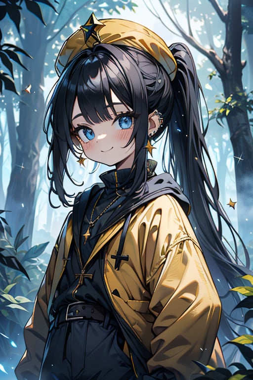 black hair, blue eyes, yellow jacket with black edges, black French hat, friendly face, blue pants, killer, happy smile, bangs, in the forest at night, masterpiece, star earrings, detailed, high quality, absurd, the strongest human of all, bringer of the world's hope, hair in ponytail, long sleeve, masterpiece, excellent quality, excellent quality, perfect face.
