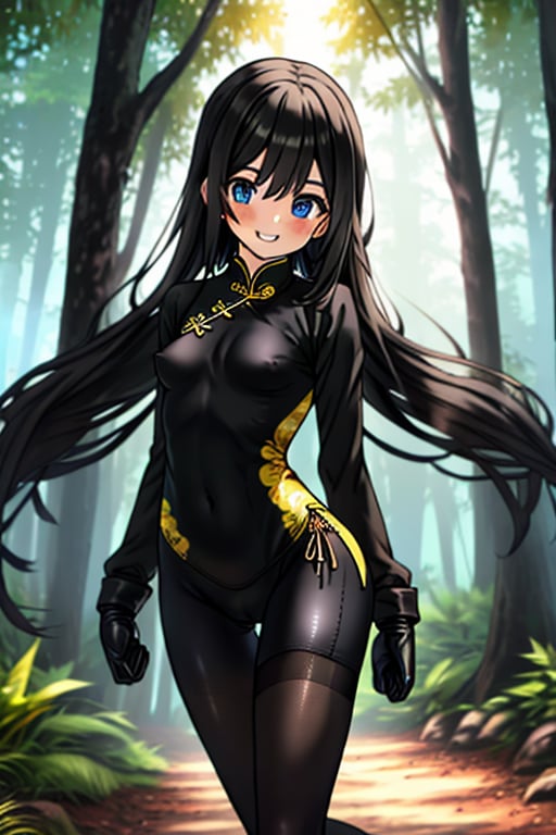 black hair, blue eyes, yellow qipao with black edges, friendly face, black pantyhouse, killer, happy smile, punches, in the forest at night, masterpiece, detailed, high quality, absurd, the strongest human of all, bearer of the hope of the world, long hair, long sleeves, masterpiece, excellent quality, excellent quality, perfect face, small breasts, black gloves, black lycra,.

