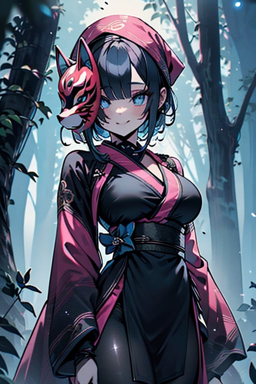 dark blue hair, blue eyes, pink kimono outfit with black edges, friendly face, a black spandex that covers his entire body, headscarf, killer, happy smile, bangs, in the forest at night, masterpiece, detailed, high quality, absurd, the strongest human of all, bringer of the world's hope, short hair, black lycra, black pantyhouse, masterpiece, excellent quality, excellent quality, perfect face, medium breasts,mask on hand, (fox mask, mask on the hand, put on mask)
