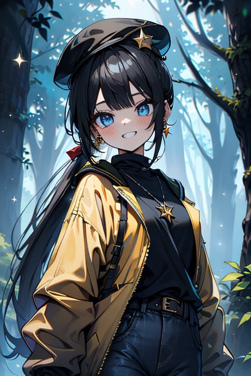 black hair, blue eyes, yellow jacket with black edges, black French hat, friendly face, blue pants, killer, happy smile, bangs, in the forest at night, masterpiece, star earrings, detailed, high quality, absurd, the strongest human of all, bringer of the world's hope, hair in ponytail, long sleeve, masterpiece, excellent quality, excellent quality, perfect face.
