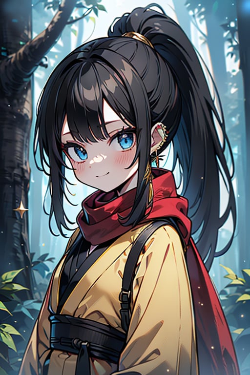 black hair, blue eyes, yellow Kimono
 outfit with black edges, a red scarf with gold stripes, the edges have small golden touches, friendly face, a black spandex that covers her entire body, headscarf, killer, happy smile , bangs, in the forest at night, masterpiece, star earrings, detailed, high quality, absurd, the strongest human of all, bringer of the world's hope, hair in ponytail,black lycra, masterpiece, excellent quality, excellent quality, perfect face.

