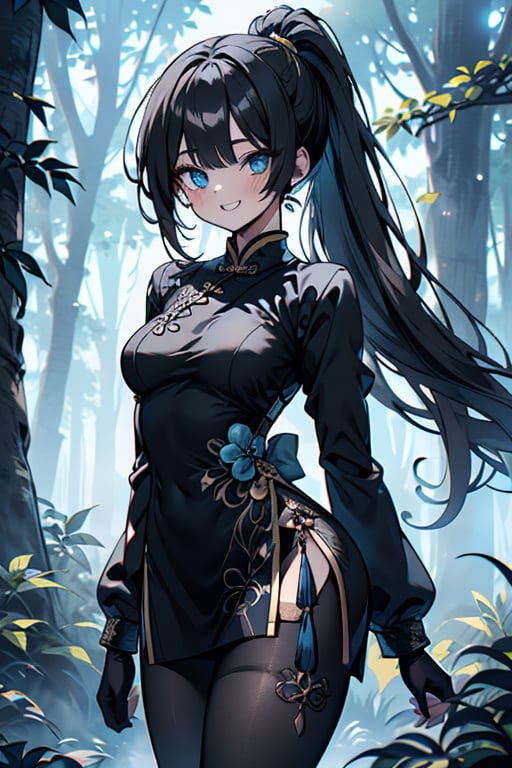 black hair, blue eyes, yellow qipao with black edges, friendly face, black pantyhouse, killer, happy smile, bangs, in the forest at night, masterpiece, detailed, high quality, absurd, the strongest human of all, bearer of the hope of the world, hair in a ponytail, long sleeves, masterpiece, excellent quality, excellent quality, perfect face, small breasts.
