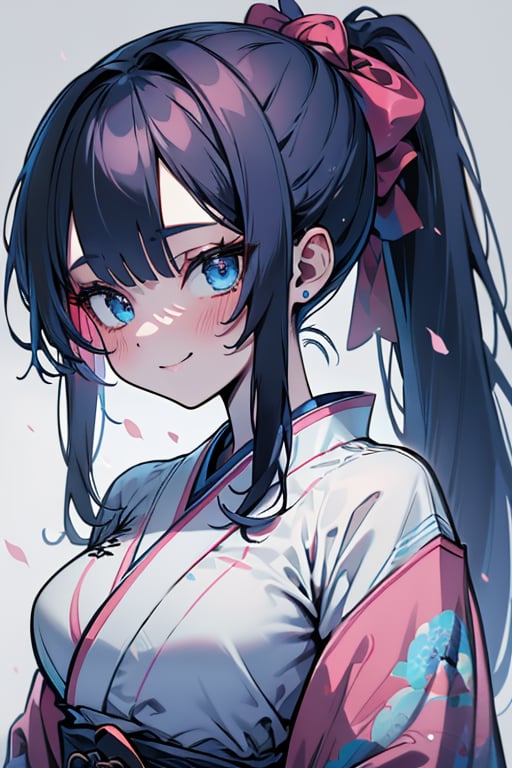 dark blue hair, blue eyes, simple pink kimono, friendly face, headscarf, happy smile, poor man without bangs, masterpiece, detailed, high quality, absurd, the strongest human of all, bringer of the world's hope , long hair with a ponytail, masterpiece, excellent quality, excellent quality, perfect face, medium breasts, poor, peasant.

,monadef